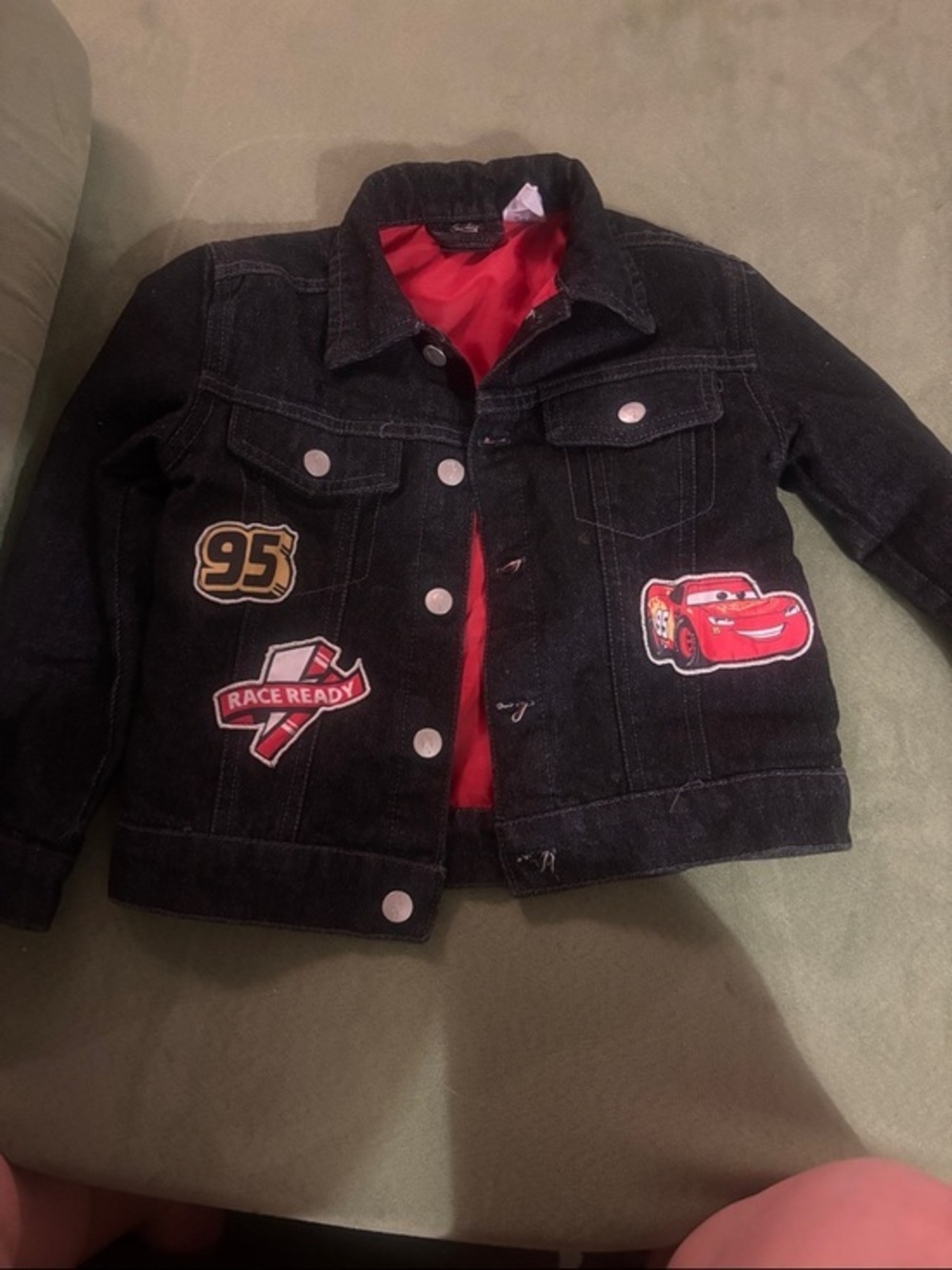 Disney Black Denim Jacket with Red Lining and Cars Patches